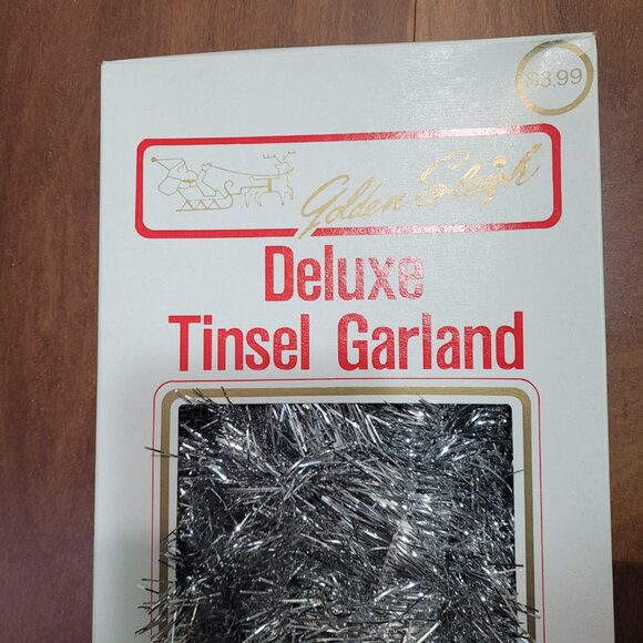 Golden Sleigh Silver Tinsel Garland Vintage Christmas Tree Mantle 15 Ft USA - Picture 3 of 15